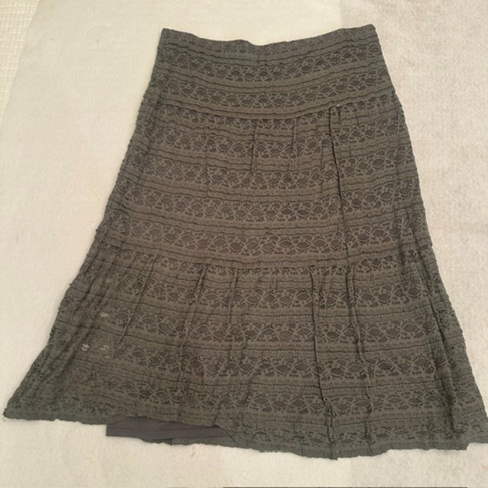 Tiered Lace Skirt Gray Boho Crochet Midi A-Line Cottage Fairy Vintage Womens M